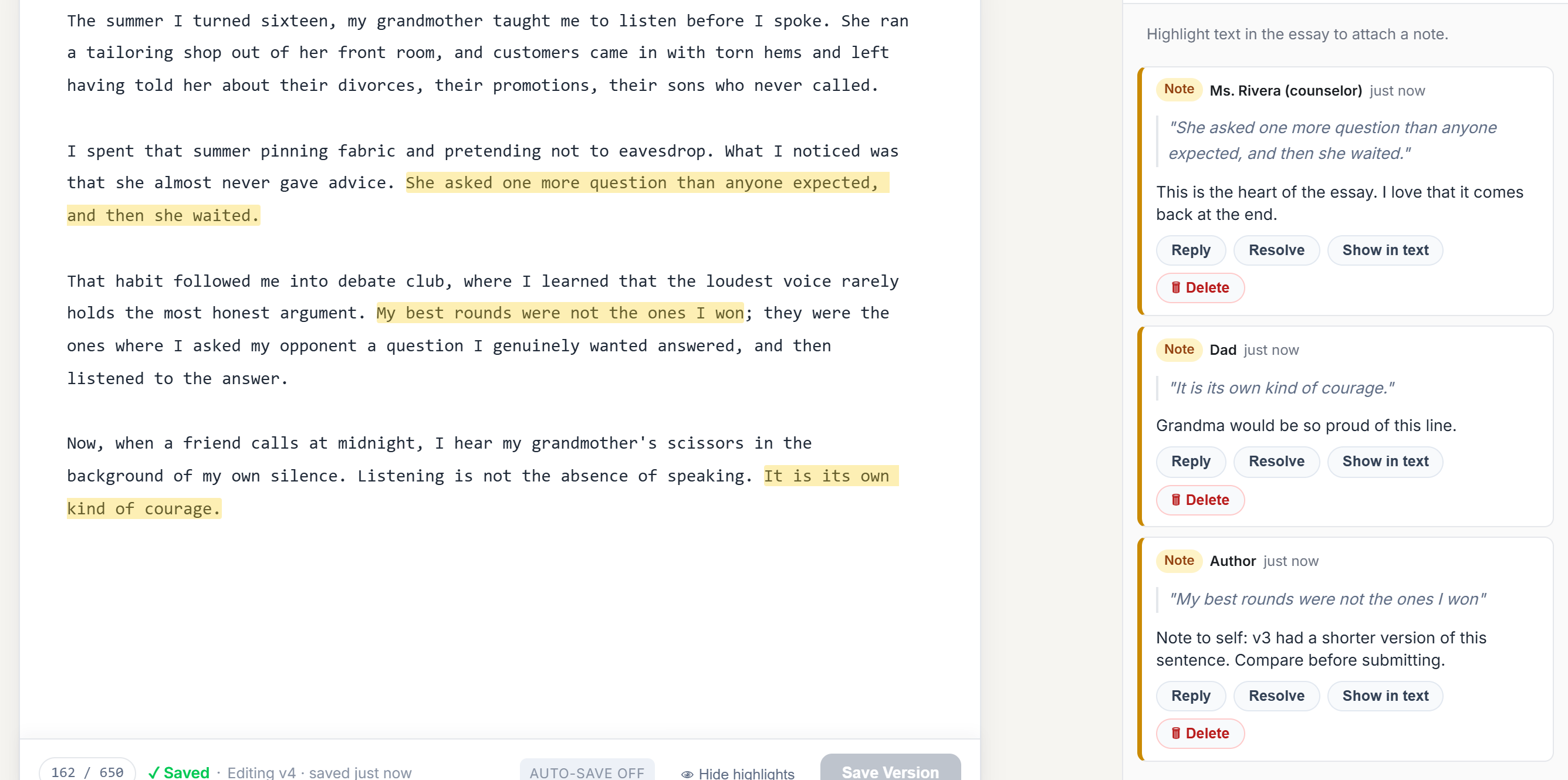 Essay with highlighted passages and a side rail of comments from a counselor, a parent, and the student