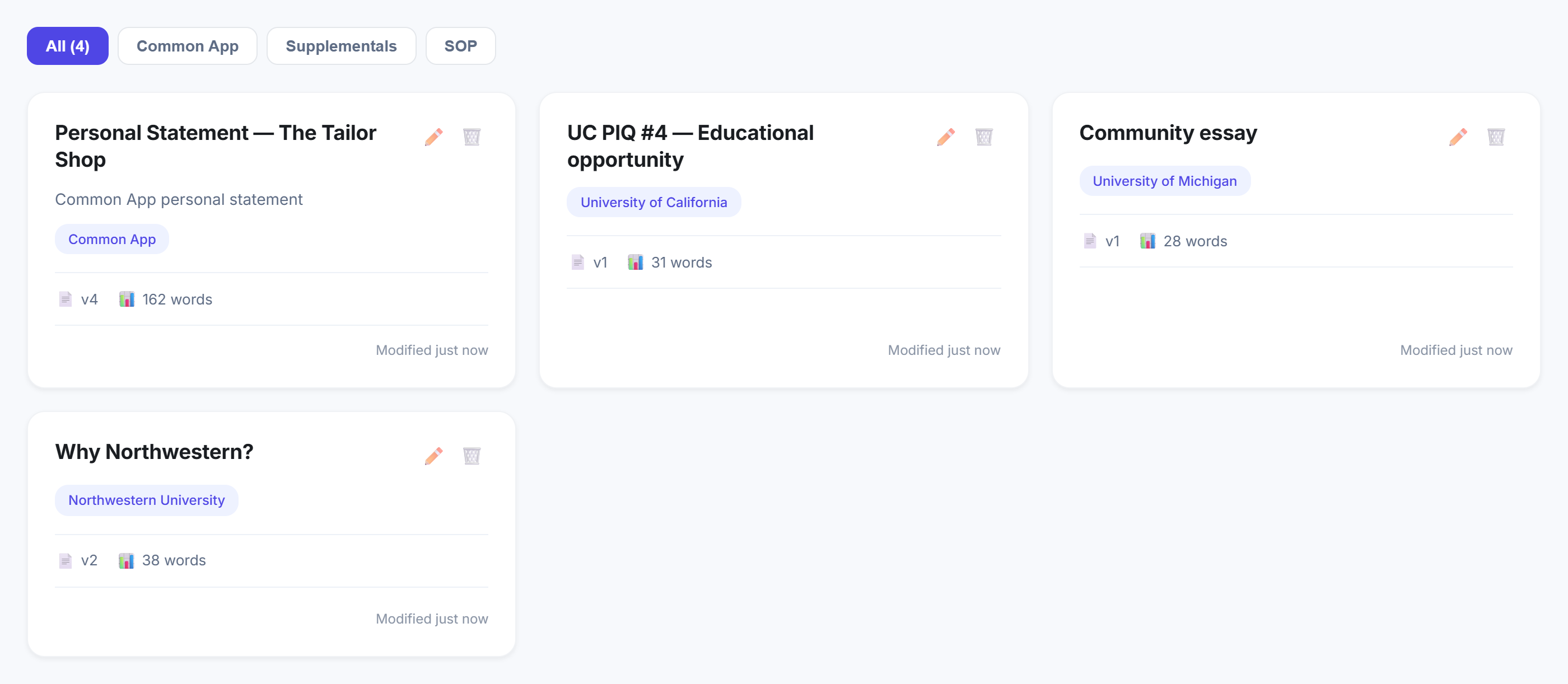Essay list with cards for a Common App personal statement and supplemental essays for several colleges, filterable by type